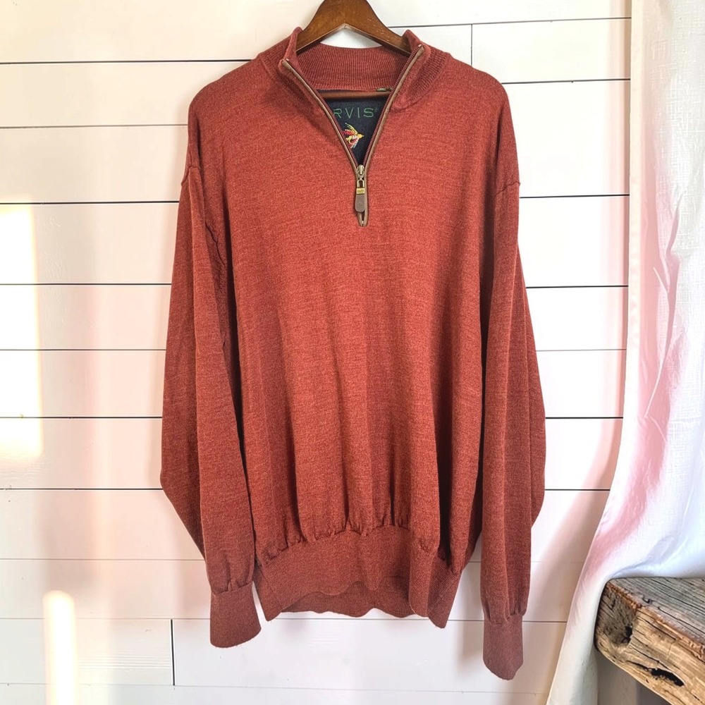 !00% Merino Wool Quarter Zip Pullover Orvis XL Sweater Rust Red Lightweight Soft